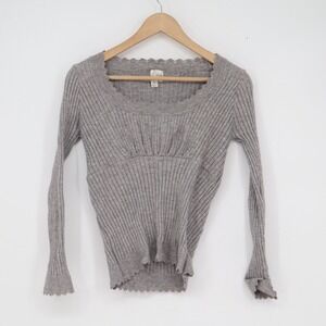 June & Ivy Gray Ribbed Scalloped Empire Waist Sweater Top XL